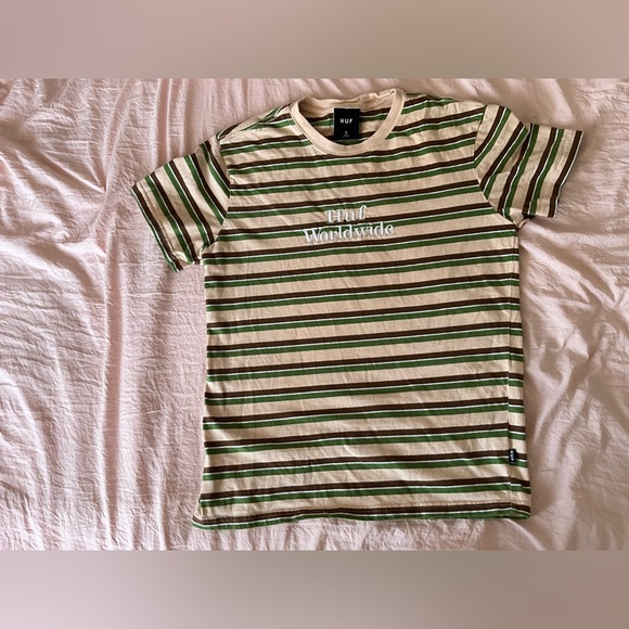 Huf Worldwide T Shirt Size Sm Short Sleeve Stripe Tan Brown Green White - Picture 2 of 7